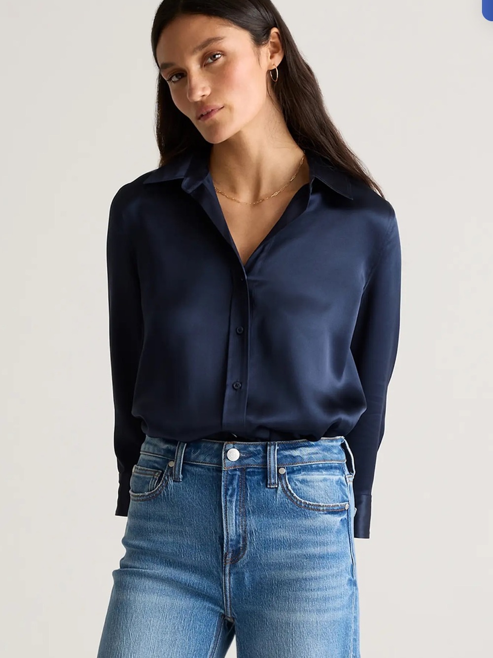 Quince Navy Silk Button-Front Blouse